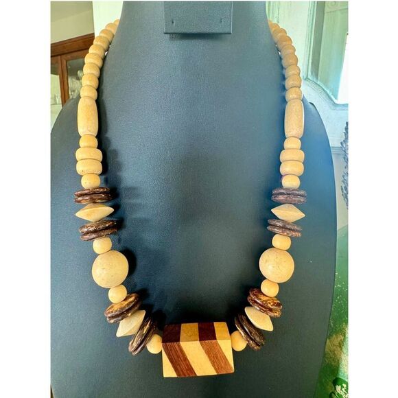 Vintage Wood Statement Beaded Necklace, Unmarked - Picture 1 of 4